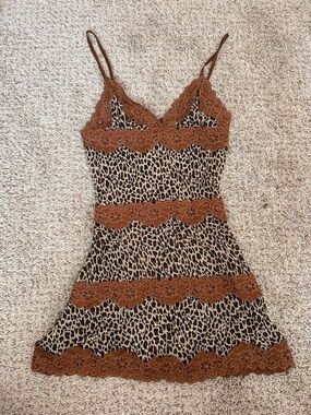 Rampage Leopard Print Mini Dress with Brown Lace Trim